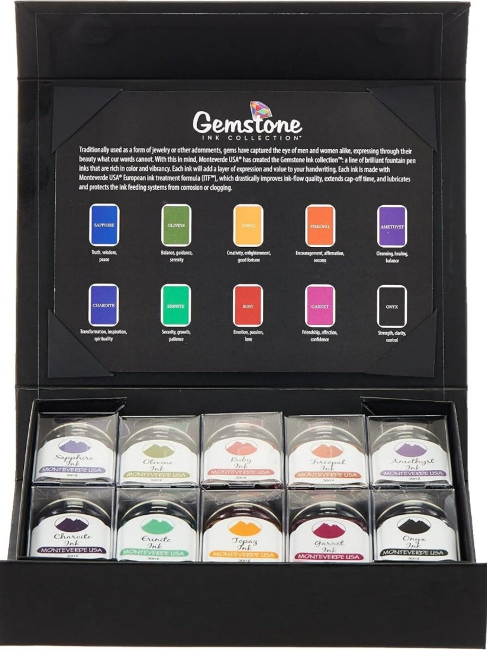 10pc Gemstone Collection Fountain Pen Ink Gift Set - Vibrant Colors & Smooth